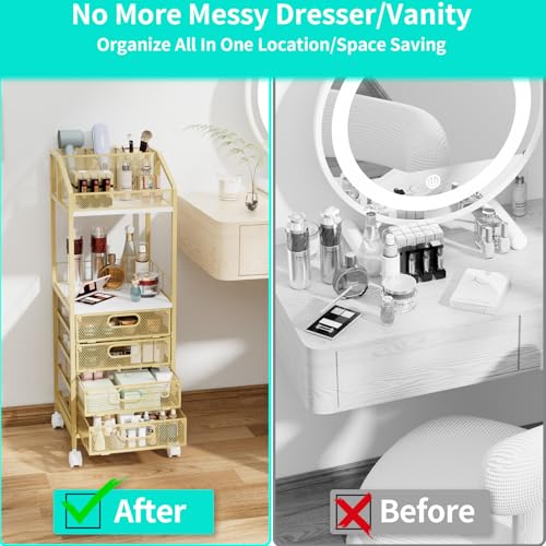HapiRm Makeup Organizer Storage Cart - Floor Skincare Make Up Storage with 4 Drawers, Rolling Makeup Cart Vanity Organizer Cosmetics Display Cases Holder for Skin Care Perfume Nail Polish, Gold - color: Gold