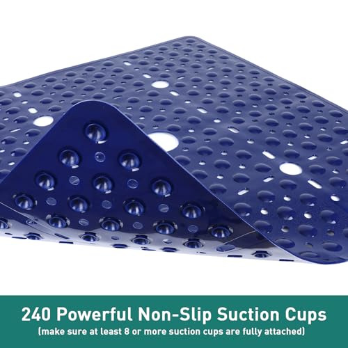 Large Square Shower Mat 27 x 27 Inch Navy Blue, Non Slip Shower Bathtub Mats for Inside Shower with Big Suction Cups Drain Holes, Anti Slip Bathroom Floor Stall Mats, Easy Clean, BPA-Free - color: Navy Blue