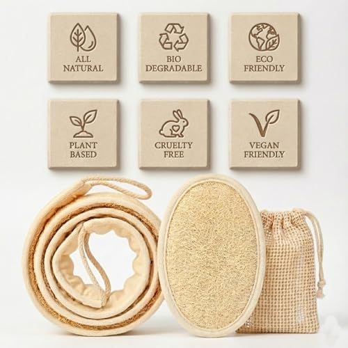 Natural Loofah Back Scrubber for Shower for Men and Women, Exfoliating Loofah Sponge with Soap Saver (1Back+2Pads+1Bag) - size: 2Pads+1Back+1Bag