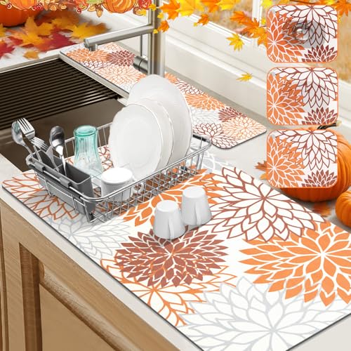 Findosom 2PCS 17" x 32" Fall Dish Drying Mat & 24" x 5.5" Sink Splash Guard, Super Absorbent & Cuttable Dish Mat Drying Kitchen Mat with Orange Floral, Hide Stain Drying Mat for Kitchen Counter - color: Orange, size: 17" X 32" + 24" X 5.5"