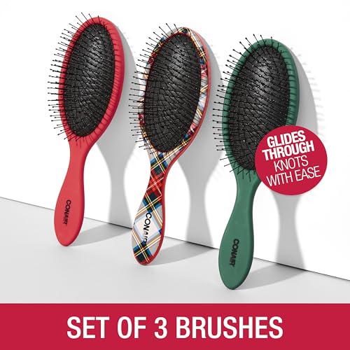 Conair Detangling Hair Brush Set 3 Pack, Use Wet and Dry and ideal for All Hair Types, Detangler Brushes for Women and girls, gifts for her, Tartan, Red, Green - color: Tartan, Red, Green, size: 3 Count Full Size