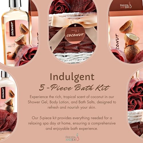 Coconut Spa with Wicker Gift Basket Bath & Body Set, Pink & Brown | Shower Gel, Body Lotion, Bath Salts, Soap Flowers, Wicker Basket