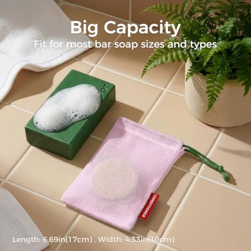 ZOMCHI Foaming Bar Holder for Shower, Mesh Hanging Pouches with Loop, Designed for Body, Shampoo & Conditioner Bars, Color-Labeled Set (3 Pack, Pink)
