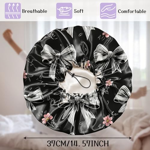 Luxury Shower Cap Silk Satin Lined Waterproof Reusable Adjustable Elastic Dry Hair Bathing Caps Cute for Women Girls-Grey Bowknot - color: C--7-Grey