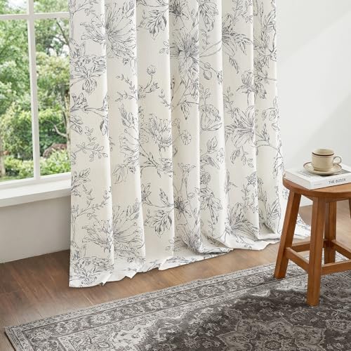 TWODRAPES Black Floral Linen Curtains 108 Inches Long French Country Boho Sketch Flower Pattern Printed Curtain for Living Dining Room Patio Door Light Filtering Vintage Drape with Rings Hooks 9 ft - color: Black, size: 40"W x 108"L (Pack of 2)