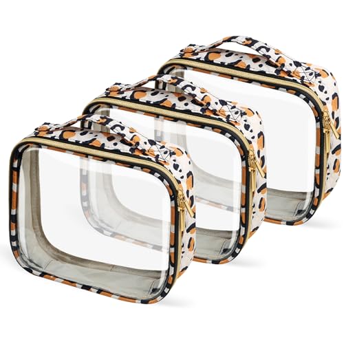TSA Approved Travel Toiletry Bag,3 Pack Clear Makeup Bags with Handles,Quart Size Clear Cosmetic Bags for Traveling Women,Men,Carry on Airport Airline Compliant Bag,Leopard - color: Leopard, size: 3 Pack, Medium