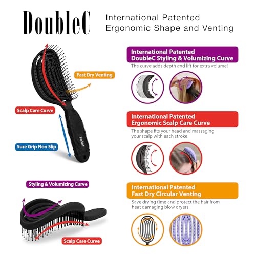 NuWay® DoubleC® Detangling Hair Brush – The Original Home Scalp-Care Brush – Patented Double Curved Scalp Care Hairbrush for Gentle Detangling, Volume Styling & Wet or Dry Hair (Classic Black) - color: Classic Black