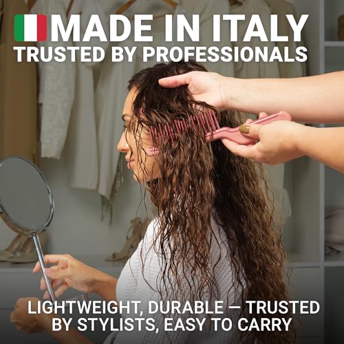 Janeke J-Brush Detangling Comb for Curly and Wavy Hair – Wide Tooth J-Shape Brush for Wet and Dry Use – Anti-Frizz, Lightweight and Gentle on Scalp – Made in Italy Professional Styling Tool (Pink) - color: Pink/JBrush
