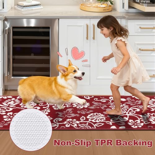 LOKHOM Kitchen Rugs Sets of 3, Non Slip High-Low Textured Red Kitchen Mats for Floor with Rubber Backing, Paisley Floral Washable Carpet Runner for Hallways Sink Holiday Decor (Red & White) - color: Red, size: 24"x35"+24"x48"+24"x60"