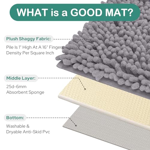 HOMEIDEAS Bathroom Rugs Set 2 Pieces, Ultra Soft Non Slip Absorbent Chenille Toilet Bath Mat Set (Grey) - color: Grey-grey, size: 1'8" x 2'8" (U Shape 20"x24"+20"x32")