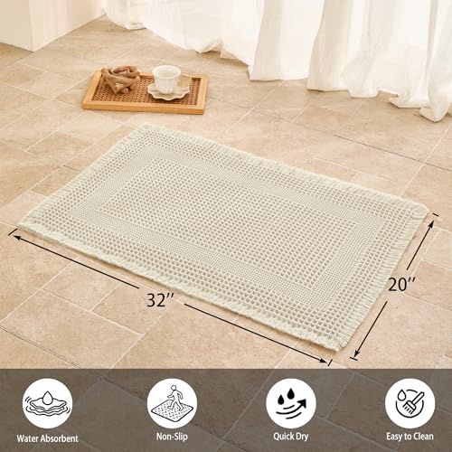 Waffle Bath Mat Non Slip, Boho Bathroom Rug, Super Absorbent Quick Dry Bathroom Mat, Soft Farmhouse Bath Rug with Tassels, Small Washable Shower Mats for Floor 20"x32", Square Cream - color: Square Cream, size: 1'8" x 2'8" (Rectangular)