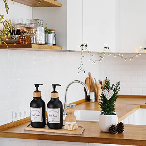 Zopeal 4 Pcs 16 oz Kitchen Soap Dispenser Set with Bamboo Tray and Dish Brush Plastic Soap Dispenser Set with Waterproof Labels for Hand Dish Lotion(Frosted Black) - color: Frosted Black