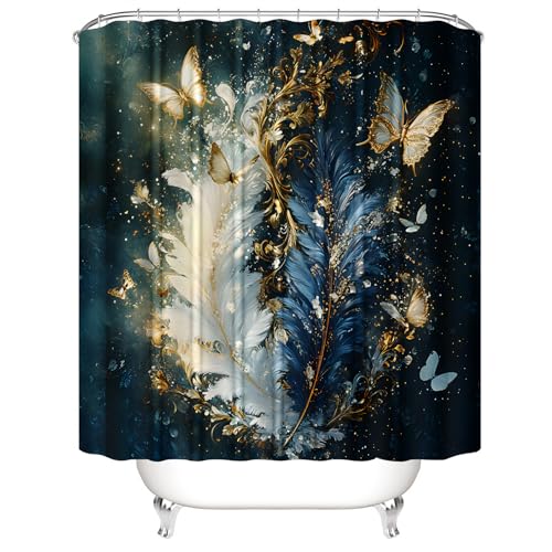 AZHM Luxury Dark Blue Gold Feather and Butterfly Shower Curtain Set 4 PCS Glittery Art Bathroom Decor Set with Non-Slip Rugs, Toilet Lid Cover & Bath Mat - color: Deep Blue
