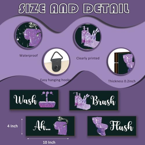 4 Pcs Purple Bathroom Decor Funny Purple And Black Wall Art Wooden Bathroom Accessories Modern Glitter Sign for Home Toilet(10x4 Inch) - color: Purple, size: 10 X 4 Inch