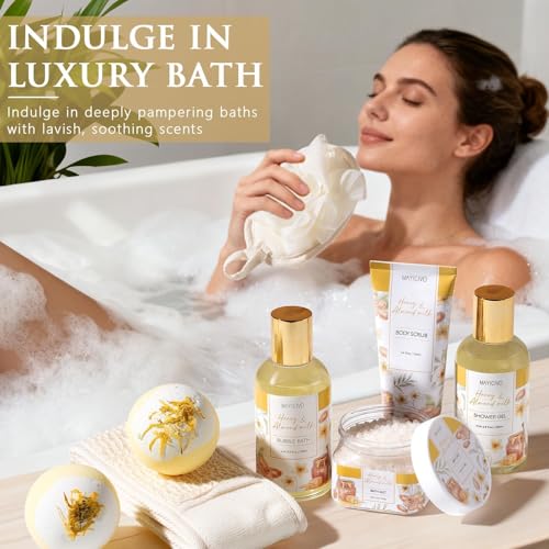 Mothers Day Birthday Gifts for Women, Honey & Almond Milk Relaxing Spa Gift Baskets for Women Self Care Package Bath Gift Set, Home Bath and Body Kit Pamper Gifts for Womens Her Mom Friends Sister - color: Gold-Honey & Almond milk