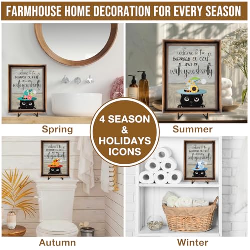 Funny Spring Cat Bathroom Decor - Interchangeable Seasonal Cats Bathroom Hanging Wooden Sign for Restroom Shelves Toilet Tank Decoration(10 Pcs) - Welcome to The Bathroom - color: Cat welcome