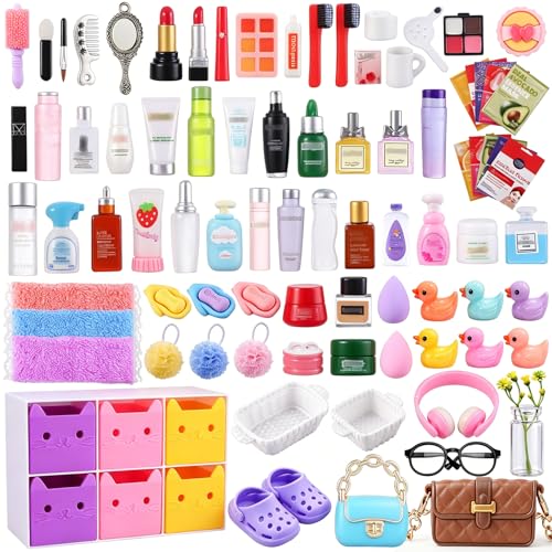 DIYDEC 92Pcs Dollhouse Mini Jewelry Storage Case Cosmetic Hand Bag Miniature Bathroom Accessories with Makeup Set Towel Cosmetic Toothbrush Shampoo Glasses Slippers Earphones Doll Backpack Micro Scene - color: Dollhouse Cosmetic Case