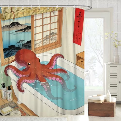 Fabric Shower Curtain with Hooks, Waterproof & Washable & Polyester, Fun Japanese Anime Octopus Shower Curtains for Bathroom, Cute Funny Whimsical Animal Bathroom Curtain, House Gift, 71x74 Inch - color: Fun Octopus