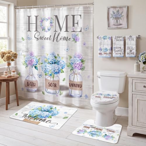Haull 7 Pcs Blue Hydrangea Shower Curtain Sets Home Sweet Home Bathroom Set with Shower Curtain and Non Slip Rugs Toilet Lid Cover Bath Mat Floral Towels for Farmhouse Country Summer Bathroom Decor - style: Blue Hydrangea