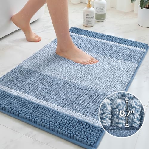 HOMEIDEAS Blue Bathroom Rugs Set, 2 Piece Thick Absorbent Fluffy Striped Chenille Bath Rugs, Non Slip, Soft Shaggy Bath Mats for Blue Bathroom Decor, 20" x 32" Plus 17" x 24" - color: Blue