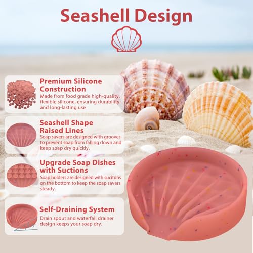 Silicone Bathroom Soap Dishes, Self Draining Waterfall Bar Soap Holder & Saver, Dish Soap Tray, Sponge Holder, 13 Non-Slip Suction Cups Dishwasher Safe for Bathroom Kitchen Shower Sink Organizer Red - color: Red