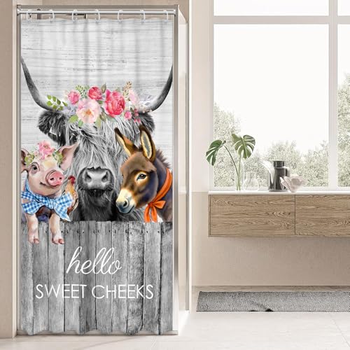 Newsely Small Stall Rv Farmhouse Highland Cow Shower Curtain 36Wx72H Inch Narrow Single Funny Rustic Western Animal Shower Curtain Bathroom Set Wooden Waterproof Bath Decoration Accessories Home Decor - color: A-02cow, size: 36"W x 72"L (Pack of 1)