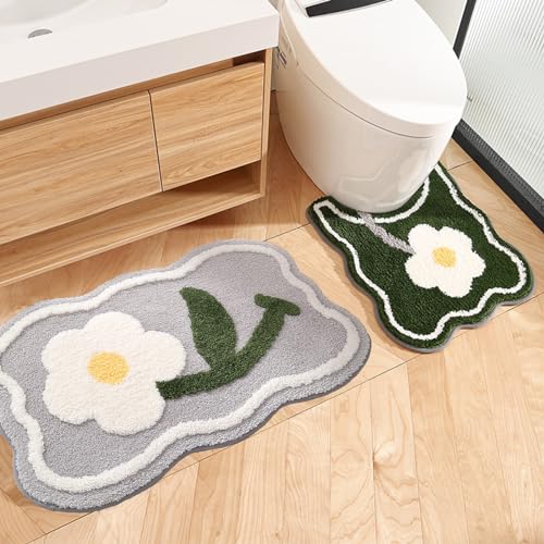PTAEXCEL Toilet Rug U-Shaped, Floral Green Non-Slip Bath Mat Soft Plush Contour Bathroom Rug, Absorbent Microfiber Machine Washable for Toilet Base, 22 x 20 Inches Green - color: Green 22x20"