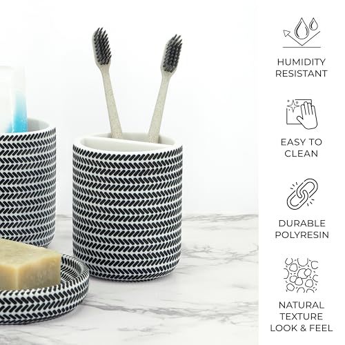 ZCCZ Black and White Bathroom Accessories Set, 4 Pieces - Toothbrush Holder, Soap Dispenser, Vanity Tray, Tumbler - Countertop Organizer for Bathroom Decor - Modern Accessory Set for Home and Office - color: Black and White