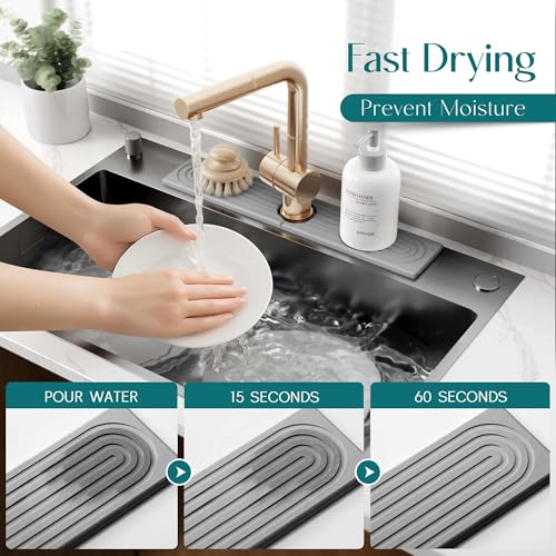 eormoe Faucet Mat for Kitchen Sink - Diatomaceous Earth Faucet Splash Guard, Fast Drying Sink Protector - Water Absorbing Stone for Bathroom Sink (Grey, 20'' x 3.9'') - color: Gray, size: 20" x 3.9"