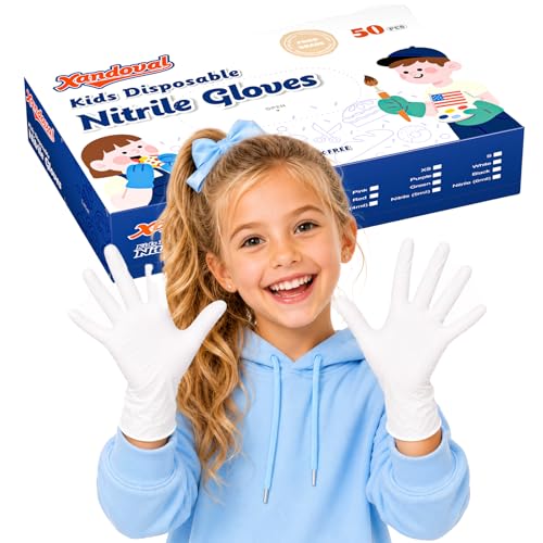 Kids Nitrile Gloves for 6-10 Years, 5Mil White Disposable Gloves for Work, Cleaning, Cooking, Gardening, Painting, Latex-Free and Powder-Free (S,50PCS) - color: White of 50pcs, size: Small
