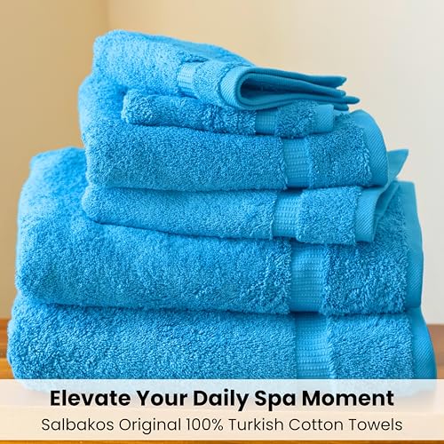 SALBAKOS 100% Turkish Cotton 6-Piece Towel Set | Heirloom Quality Hotel & Spa Collection | Soft, Super Absorbent 2 Washcloth, 2 Hand, 2 Bath Towel Sets | Made in Turkey (Aqua, 6 Piece Towel Set) - color: Aqua, size: 6 Piece Towel Set