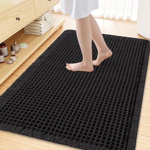 Smiry Waffle Bath Mat 59x35, Extra Soft Absorbent Bathroom Rugs, Non Slip Machine Washable Quick Dry Bath Rugs for Bathroom Floor, Tub, Shower, Home Decor Accessories, Black - color: Black, size: 59'' X 35''