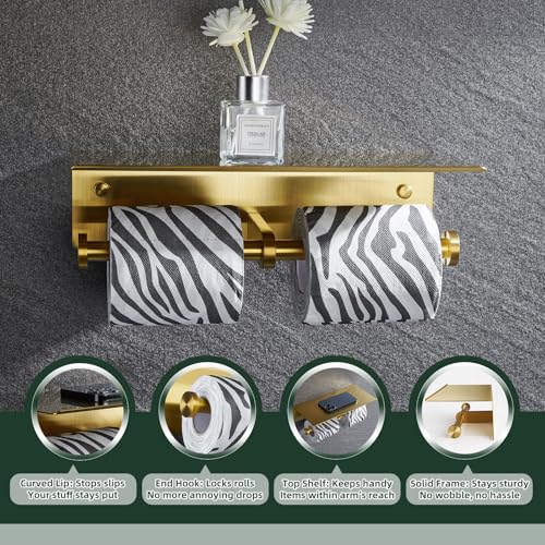 APLusee Brushed Gold Double Toilet Paper Holder with Shelf, Heavy Duty 304 Stainless Steel Tissue Roll Holder, Commercial Paper Dispenser Wall Mounted - color: Brushed Gold, size: Double Rod
