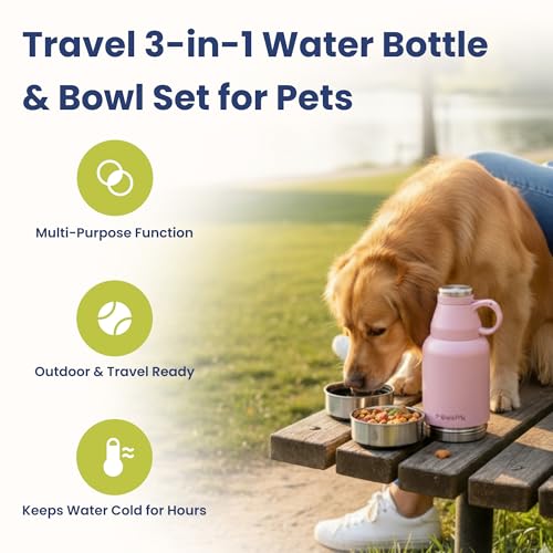 PawsPik 3-in-1 Travel Dog Water Bottle & Bowl Set, 32oz, Pink | Stainless Steel Vacuum-Insulated Bottle with Detachable Food & Water Bowls, Leak-Proof, Keeps Water Cold 12hrs/Hot 6hrs - color: Cherry Blossom Pink