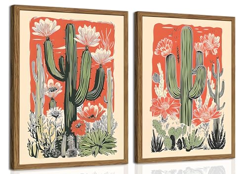 Framed Mexican Cactus Canvas Wall Art Set of 2, Vintage Desert Floral Pictures Wall Decor Paintings, Boho Southwestern Botanical Prints for Living Room Bedroom Bathroom Office Home Decor 12x16 inch - color: Red, size: 16"L x 12"W