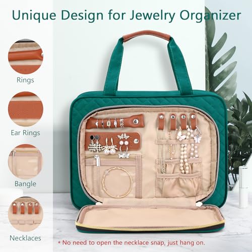 Wedama Toiletry Bag for Women, Hanging Travel Toiletry Bag with Jewelry Organizer Compartment Large Makeup Bag, PVC Waterproof Cosmetic Travel Bag Trips Camping Bathroom, Green+Brown - color: Green, size: Large, style: With Jewelry Organizer Compartment