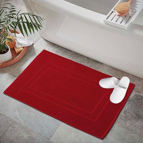 GOLD TEXTILES Premium Red Bath Mat - 2 Pack 22x34 Inches - Not a Bathroom Rug - 100% Ring Spun Cotton - Highly Absorbent & Non Slip Shower Bathroom Floor Mat Towel - Machine Washable - color: Red, size: 2 Pack 22x34