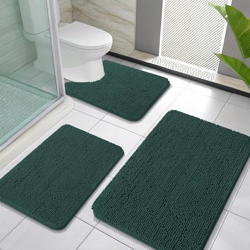 OLANLY Bathroom Rugs Sets 3 Piece, Soft Absorbent Chenille Bath Mat and U-Shaped Contour Toilet Rug, Non-Slip, Home Decor Accessories, Bath Mat Set for Floor (30"x20"+24"x16"+24"x20", Blackish Green) - color: Blackish Green, size: 30" X 20" + 24" X 16" +