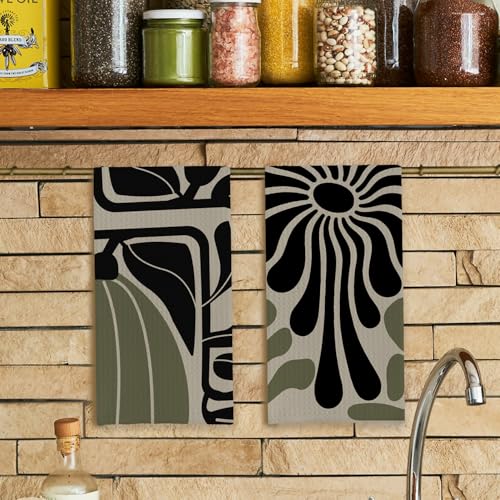 Sage Green Groovy 70s Retro Kitchen Towels Set of 2 - Boho Floral Dish Towels for Kitchen, Boho Hand Towels for Bathroom, Boho Sage Green Bathroom Kitchen Decor, 16x24 Inches - color: Boho Sage Green