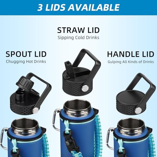 BJPKPK Water Bottle with Straw Lid, 18oz Insulated Water Bottles with 3 Lids, Paracord Handle & Non-slip Boot, Metal Stainless Steel Thermal Flasks, BPA Free Leak Proof Cups, Tumblers,Black - color: Black, size: 18 Ounces