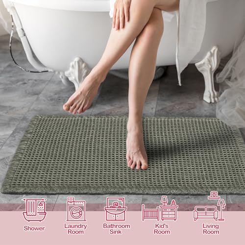 ZALL Waffle Bath Mat,Super Absorbent Non Slip Bathroom Rug,Dark Green 18x30inch,Machine Washable Ultra Soft Floor Mats - color: Dark Green, size: 18 x 30 inches(Rectangular)