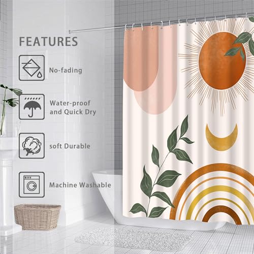Mid Century Abstract Boho Aesthetic Shower Curtain Set, Green Nature Leaf Sun Modern Minimalist Home Bathroom Curtain Decor with 12 Hooks 72 Inch Wide * 84 Inch High - color: Orange, size: 72"W x 84"L (Pack of 1)