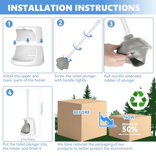 Toilet Plunger with Holder, 2 Pack Plungers for Bathroom Heavy Duty for 5.7-inch Toilet Drain, Toilet Plunger and Holder Combo for Bathroom Cleaning(White)