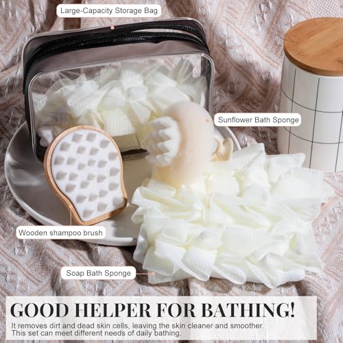 Bath Tools Set, 5 PCS Loofah Washcloth Combo 2-in-1, Suction Cup Bath Ball，Silicone Body Bath Brush with Waterproof Cosmetic Bag, for Body Wash and Smooth Skin