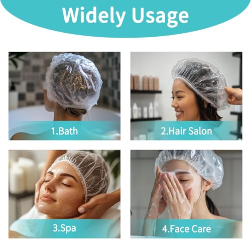 Disposable Shower Caps 100pcs - Large Clear Plastic Shower Cap for Women Men Long Hair Reusable Waterproof Deep Conditioning Oil Treatment Hair Cap for Sourdough Bread Hair Dye Travel Essential