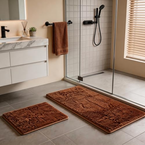 Champagne Chenille Bath Rug Set - 2 Piece Non-Slip Absorbent Shaggy Rugs, Bathtub Mat, Washable Bathroom Carpet for Tub, Shower, Washroom - 32x20 + 24x16 Inch - color: Champagne, size: 32"L x 20"W + 24"L x 16"W
