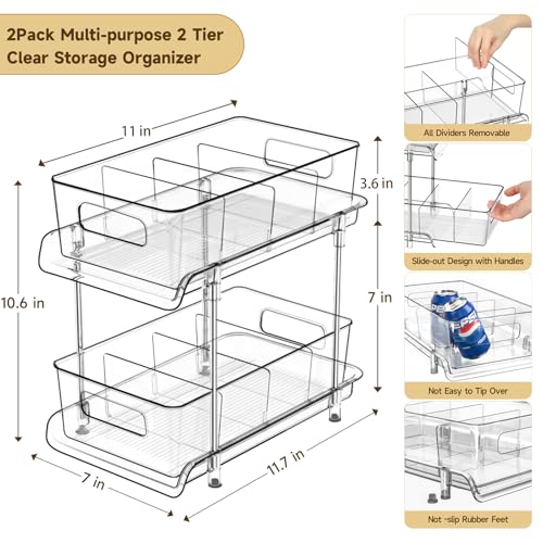 HIHEGD 2-Tier Bathroom Organizer with Dividers, Clear Under Sink and Pull-Out Cabinet Organizer for Kitchen and Pantry Storage - color: Clear-2Pcs