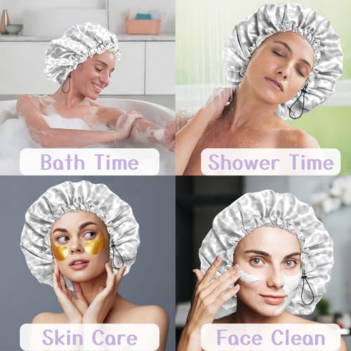 Luxury Shower Cap Silk Satin Lined Waterproof Reusable Adjustable Elastic Dry Hair Bathing Caps Cute for Women Girls-Gray Cheetah Leopard - color: C-20-Gray Cheetah Leopard