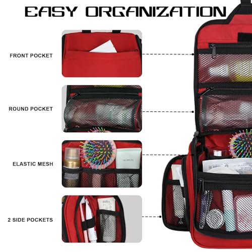 Goloni Hanging Toiletry Bag, 10 Compartments Water-Resistant Makeup Bag with 360° Spinning Metal Hook, Large Travel Cosmetic Organizer for Men & Women, Red (7.05oz) - color: Red