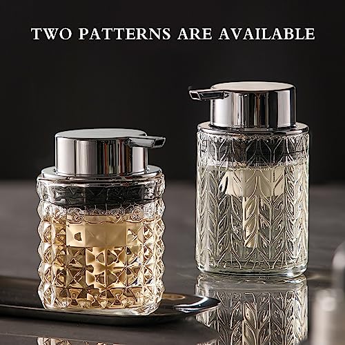 CICUFY Foaming Soap Dispenser 2 Pack, Foam Hand Soap Dispenser for Bathroom Kitchen Liquid Refillable Clear Glass Bottles with Silver Pump(Diamond Pattern-Clear) - color: Clear-2 Pcs, style: Foam/Diamond Leaf Pattern/Silver Top